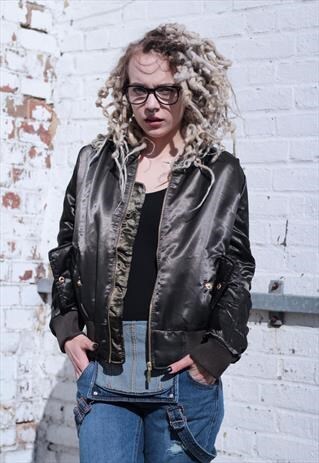 KHAKI GREEN SATIN LOOK BOMBER JACKET