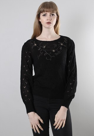 VINTAGE 80S BLACK CROCHET KNIT EMBROIDERED JUMPER