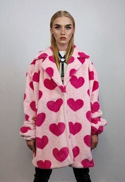 Heart fleece coat handmade faux fur love trench jacket pink