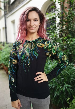 HAND STITCHED GREEN PEACOCK LACE APPLIQUE BEADED BLACK JUMPE