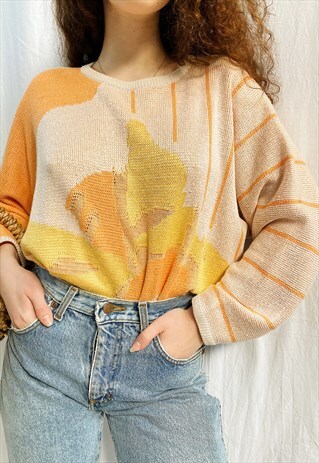 VINTAGE 80S ABSTRACT NATURE MORTE PEACHY KNIT JUMPER SWEATER