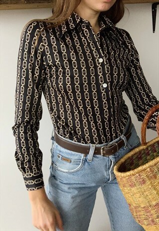 VINTAGE 60S MOD BOHEME CHAIN PRINT PARISIAN BLOUSE TOP
