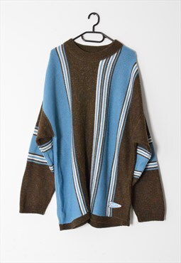 Vintage 90s O'Neill Brown Blue Wool Blend Striped Jumper