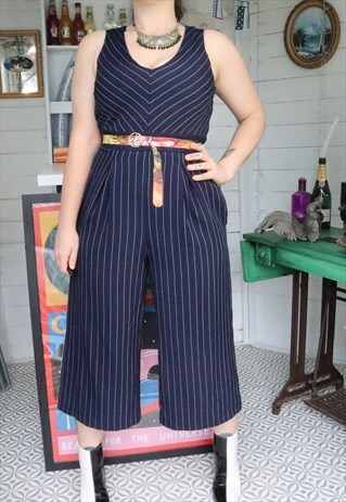 VINTAGE 00S BLUE MONOCHROME STRIPE STRIPED V JUMPSUIT ROMPER