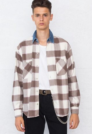 VINTAGE BROWN WHITE LONG SLEEVE CHECKERED FLANNEL SHIRT