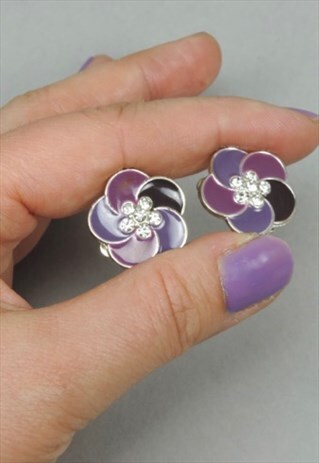 VINTAGE FLOWER EARRINGS, PURPLE WITH RHINESTONES
