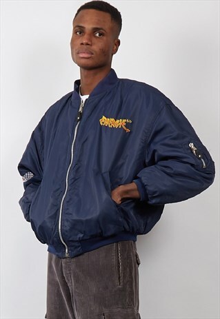 VINTAGE 80'S ENERGIE NAVY FLAME BOMBER JACKET