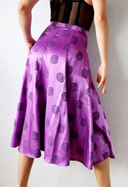 Vintage Satin Floral Midi Skirt 80s Occasion Skirt Purple