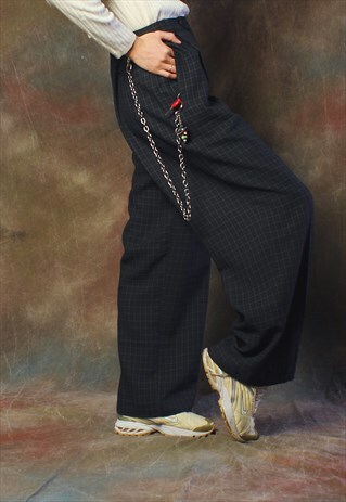 NAVY GRID PLEATED TROUSERS