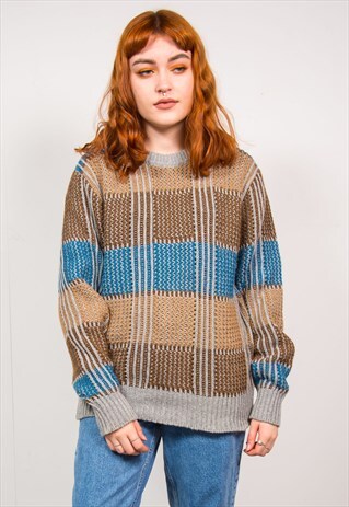 VINTAGE 90'S BROWN & BLUE KNIT RIBBED FISHERMAN JUMPER