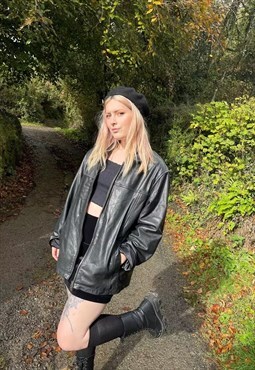 Vintage 90s Y2K Genuine Leather Black Biker Bomber Jacket