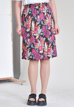 Vintage 80s High Waist Midi Pleated Floral Multi Color Skirt