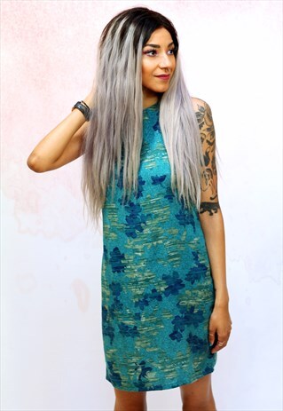1990S VINTAGE EMERALD GREEN WITH BLUE PRINT MINI SHIFT DRESS