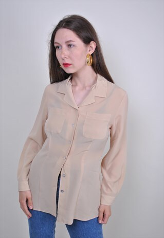 90S BEIGE MINIMALIST BLOUSE, VINTAGE CASUAL TRANSPARENT TOP