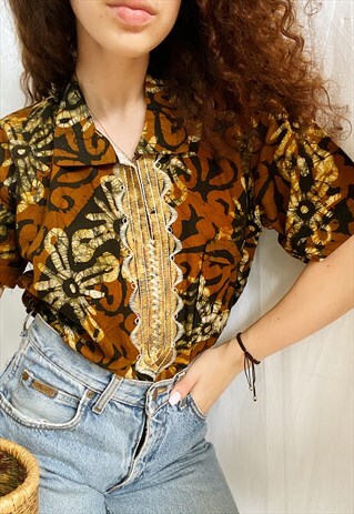 VINTAGE 90S BOHO HIPPIE ETHNIC BATIK BLOUSE TUNIC TOP
