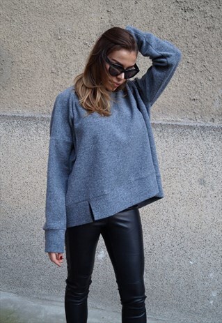 GREY SWEATER/WOOL SWEATSHIRT/KNIT/LOOSE/MAXI PULLOVER/F1261