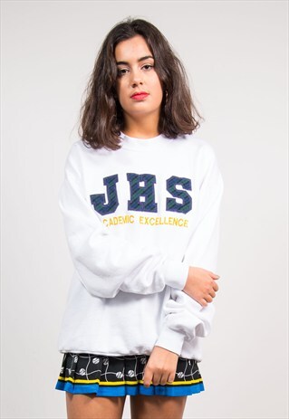 90'S VINTAGE WHITE JHS COLLEGE STYLE USA SWEATSHIRT SWEATER