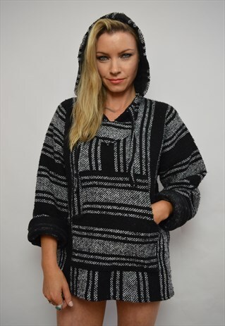 90S OVERSIZED BLACK & WHITE STRIPED WOVEN HOODED PONCHO