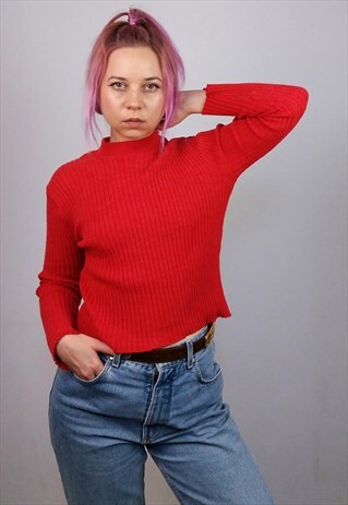 VINTAGE 80'S SOFT WOOL BLEND HIGH NECK RIBBED TOP / JUMPER
