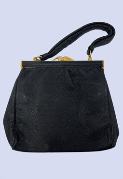 Vintage Black Leather Grain Clasp Mini Grab Bag