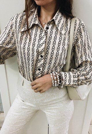 VINTAGE 60S LUXE PARISIAN CHAIN PRINT MOD BLOUSE SHIRT TOP