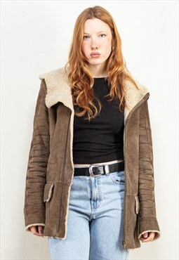 Vintage 90's Women Hooded Sheepskin Jacket in Brown