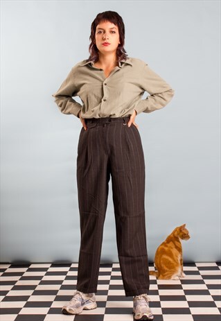 VINTAGE 80S 90S PINSTRIPE MOM TROUSERS LOOSE FITTING GREY