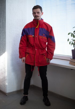 VINTAGE 80'S RED COLOR BLOCK HIGH COLLAR PARKA