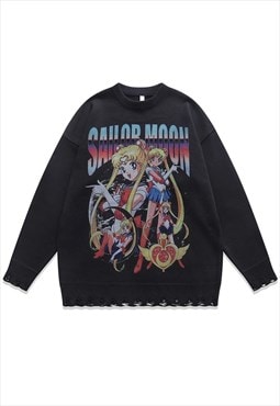 Sailor Moon sweater knitted distressed Anime jumper in black