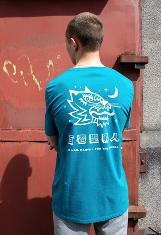 T-SHIRT IN AQUA GREEN ORGANIC COTTON WITH GRAPHIC PRINT