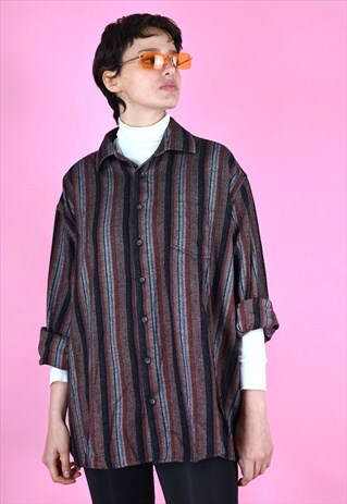 VINTAGE 90S FLANNEL SHIRT STRIPED RED BROWN ORANGE BLACK