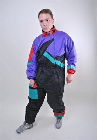 VINTAGE BLACK RAINSUIT, 80S MULTICOLOR ONE PIECE TRACKSUIT
