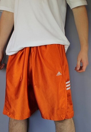 VINTAGE ADIDAS SHORTS IN ORANGE WITH POCKETS, EMBROIDERED LO
