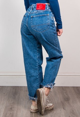 VINTAGE 90'S BLUE DENIM RAW HEM MOM JEANS
