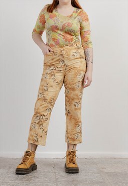 Vintage Y2k Yellow Roses Straight Leg High Waist Pants W32