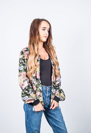 VINTAGE 1980S FESTIVAL PINK AND GREEN FORAL BOMBER JACKET