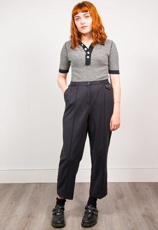 VINTAGE 90'S DARK GREY SMART HIGH WAIST TAPERED TROUSERS
