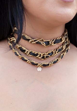 GOLD AND LEATHER LAYERED CHOKER NECKLASE