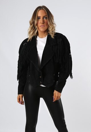 SUEDE LEATHER FRINGE TASSEL JACKET VINTAGE UK 10 (BDJ)