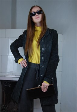 Vintage Y2K black rave long trench pig leather coat jacket 