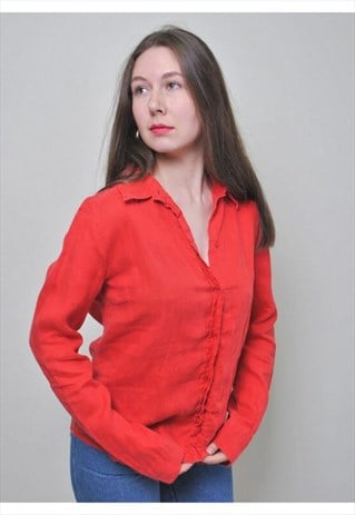 Minimalist cotton blouse, red vintage shirt with long sleeve