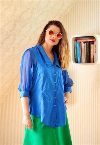 ROYAL BLUE VINTAGE BLOUSE WITH SEE THROUGH SLEEVES