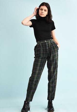 80'S RETRO HIGH WAIST CORDUROY CHECKED TROUSERS
