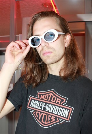 BLUE LENS WHITE OVAL SUNGLASSES