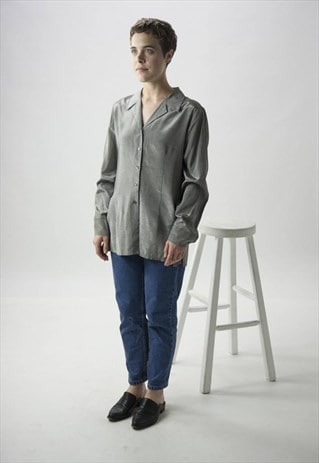 SILKY METALLIC BLOUSE / SILVER BUTTON UP
