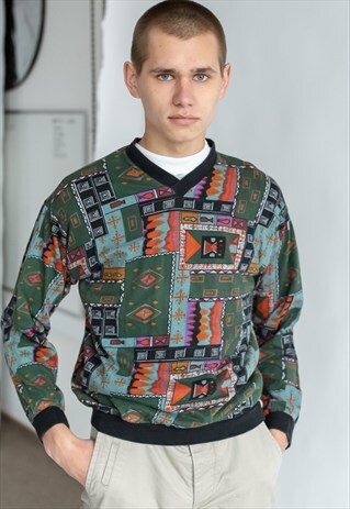 VINTAGE 80S FUNKY V-NECK JUMPER WITH PATTERN