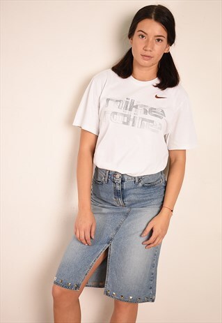 90'S RETRO DENIM STONEWASH HIGHWAISTED STUDDED MIDI SKIRT