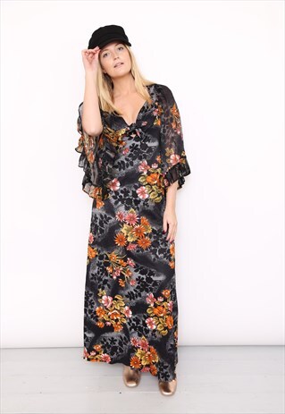 VINTAGE 70S DARK FLORAL FLARED SLEEVES MAXI DRESS
