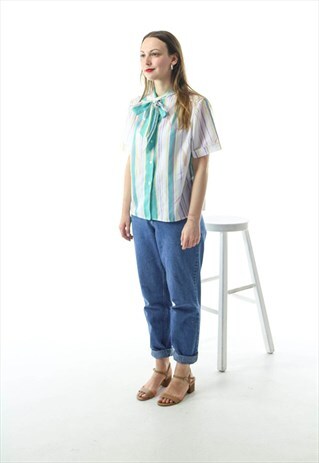 ABSTRACT COLORFUL BOW BLOUSE / 90S MULTICOLOR TIE NECK BLOUS