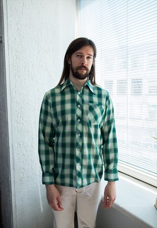 VINTAGE 70'S GREEN CHECKED WESTERN STYLE SHIRT
